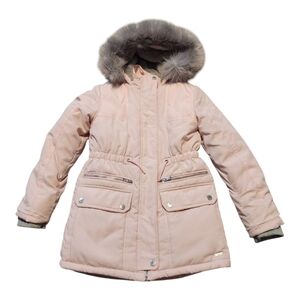 Justice Girl's Light Pink And Gray Long Faux Fur Winter Coat Jacket, Size 10